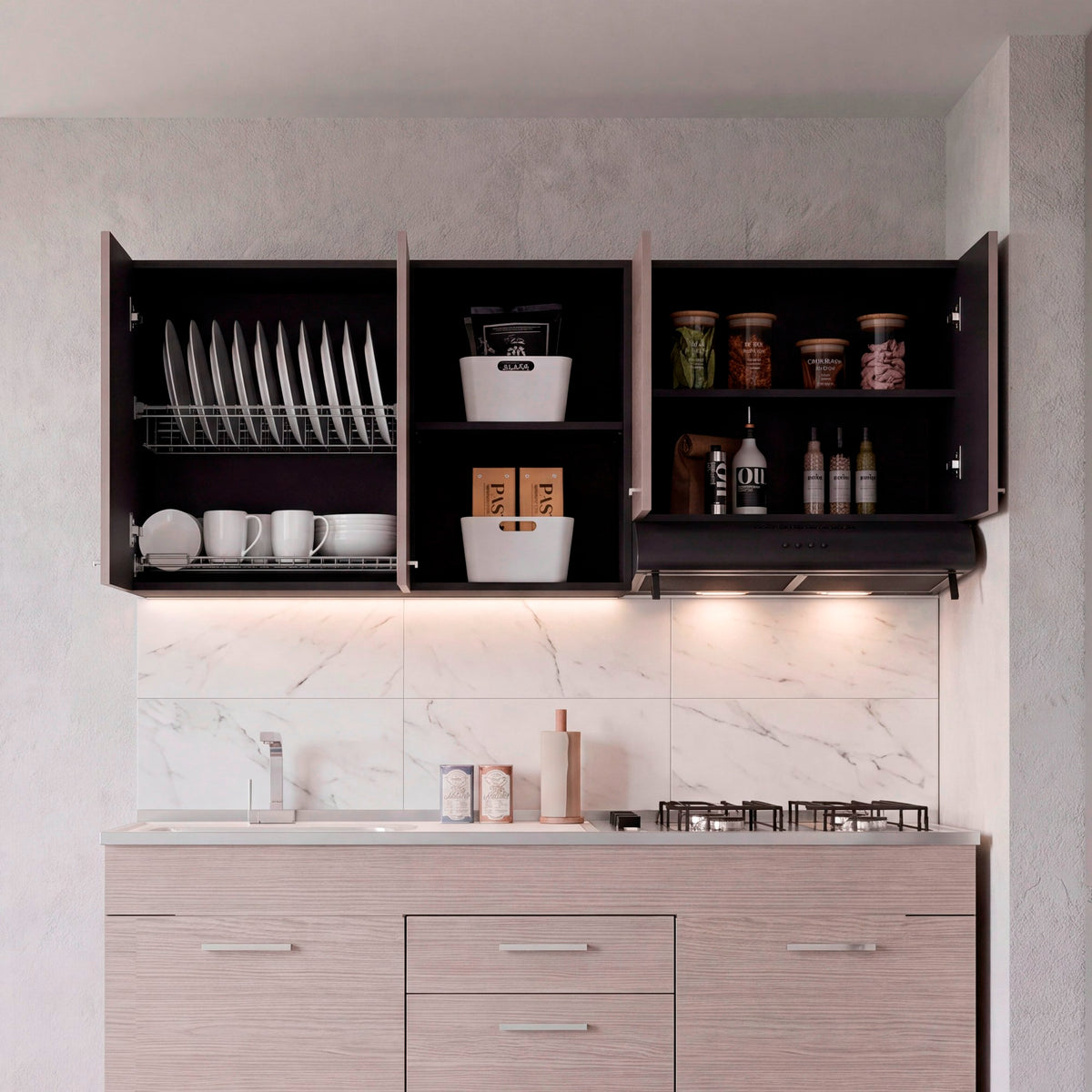 Mueble Superior de Cocina Rosa Wengue y Positano 200x200cm con Cuatro Puertas con Espacio para Extractor Lado Izquierdo y con Locero
