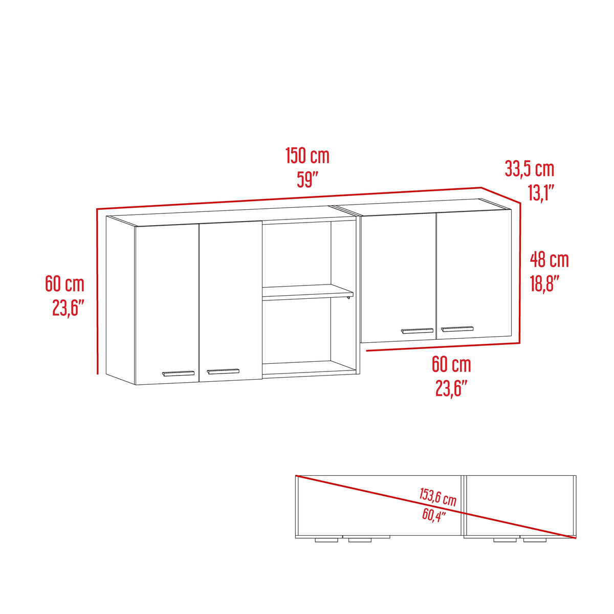 Mueble Superior de Cocina Rosa Wengue y Positano 200x200cm con Cuatro Puertas con Espacio para Extractor Lado Izquierdo y con Locero