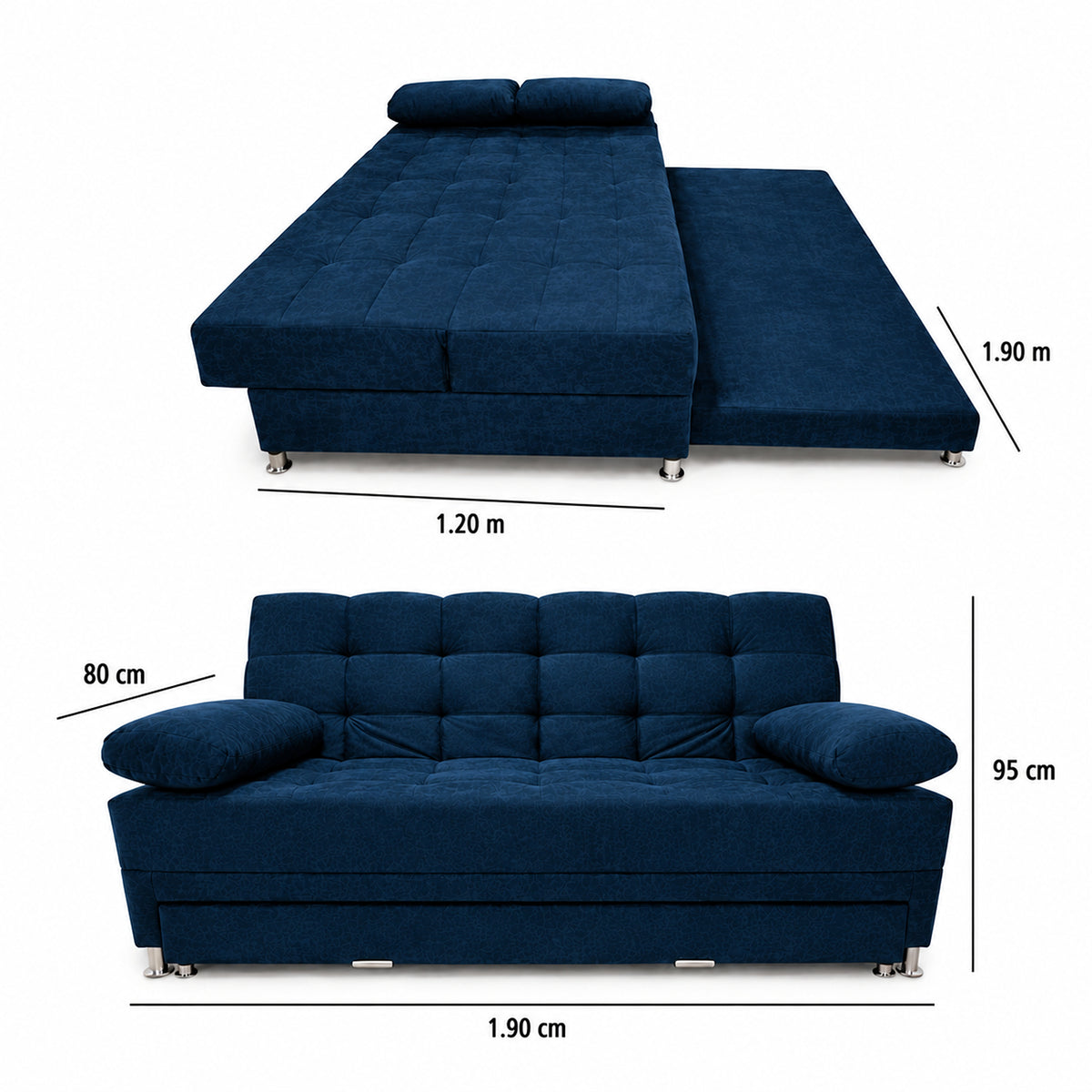 Sofá Cama Arkan Azul Petróleo 190x95cm de Tres Puestos Reclinable sin Apoya Brazos