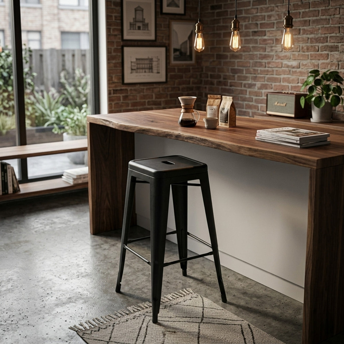 Butaco Bar Tolix Negro 41x79cm de Asiento Cuadrado sin Espaldar y sin Apoya Brazos
