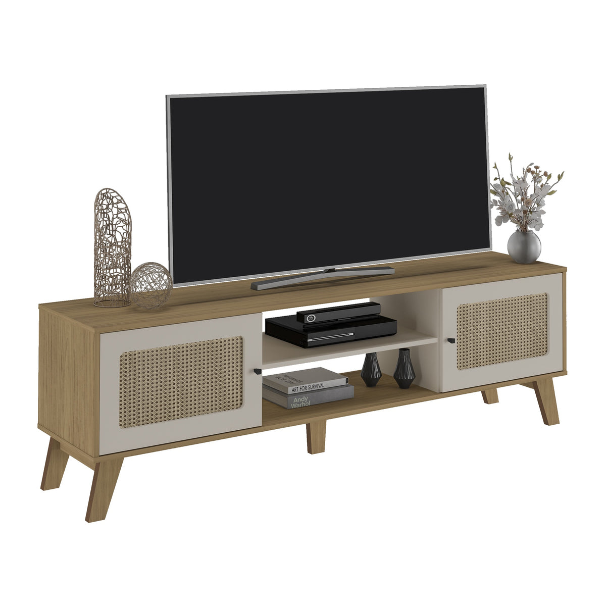 Rack de TV Charlotte Café Claro y Café Crema 180x55cm para Tv Hasta 75" Pulgadas con Dos Compatimientos