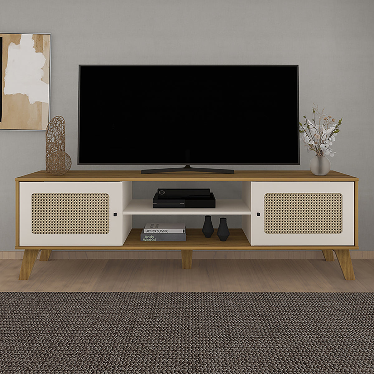 Rack de TV Charlotte Café Claro y Café Crema 180x55cm para Tv Hasta 75" Pulgadas con Dos Compatimientos