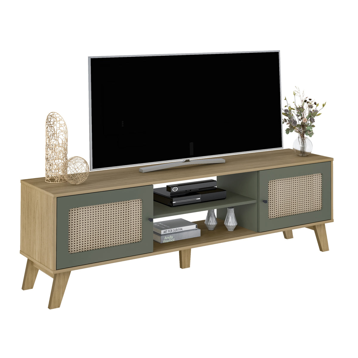 Rack de TV Charlotte Café Claro y Verde 180x55cm para Tv Hasta 75" Pulgadas con Dos Compatimientos