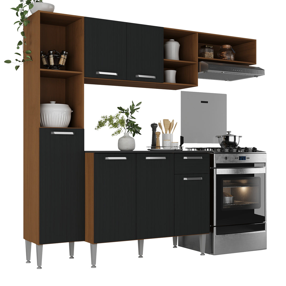 Cocina Compacta Lavinia Castaño y Negro 29x184cm con Mesón de Madera Aglomerada MDP sin Pozuelo y sin Estufa