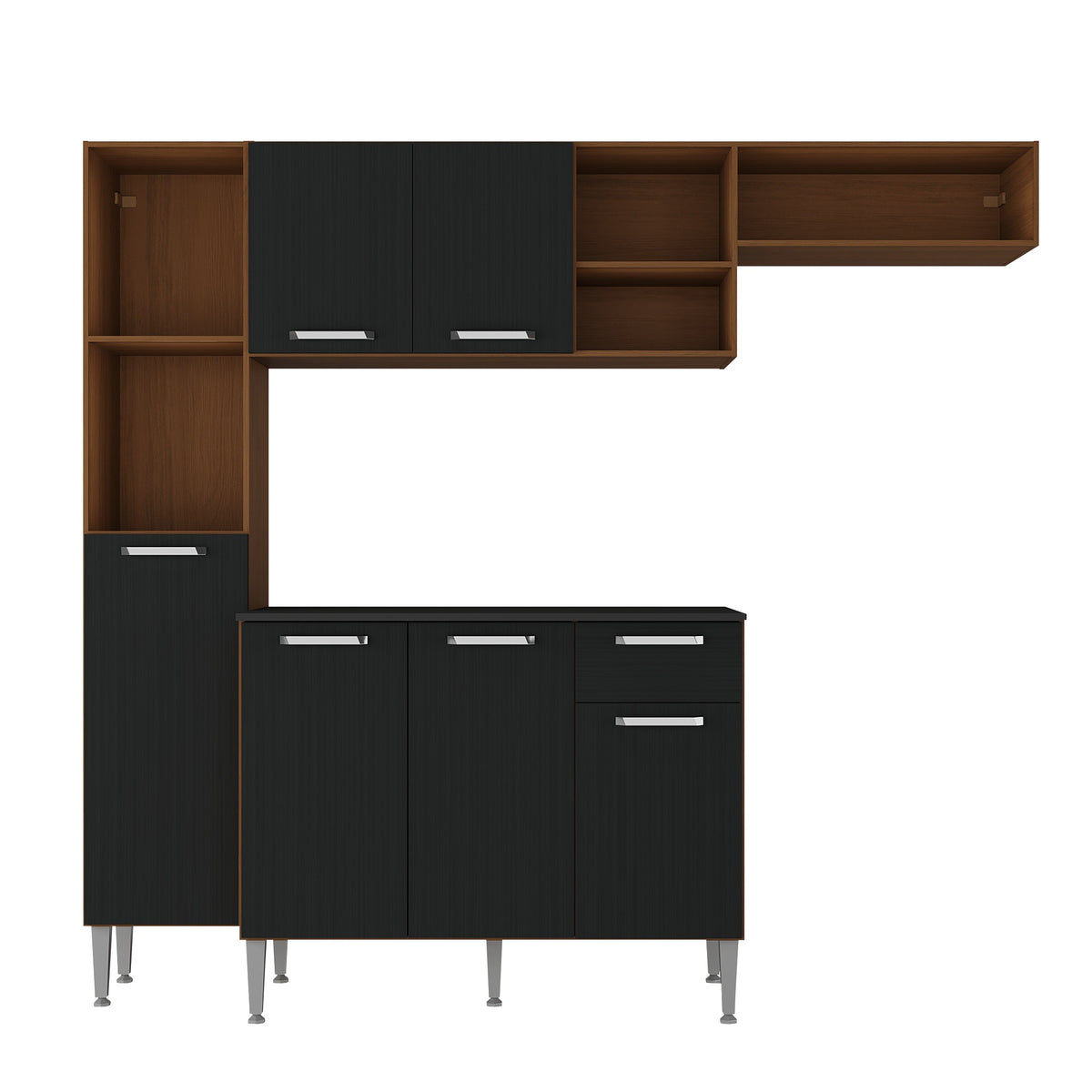 Cocina Compacta Lavinia Castaño y Negro 29x184cm con Mesón de Madera Aglomerada MDP sin Pozuelo y sin Estufa
