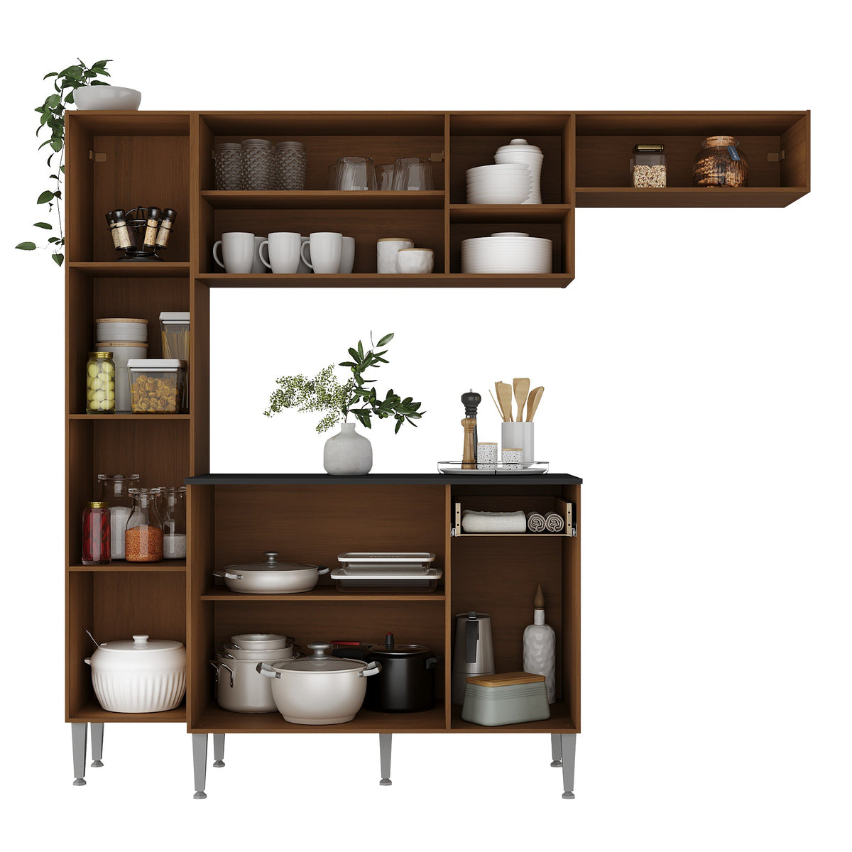 Cocina Compacta Lavinia Castaño y Negro 29x184cm con Mesón de Madera Aglomerada MDP sin Pozuelo y sin Estufa