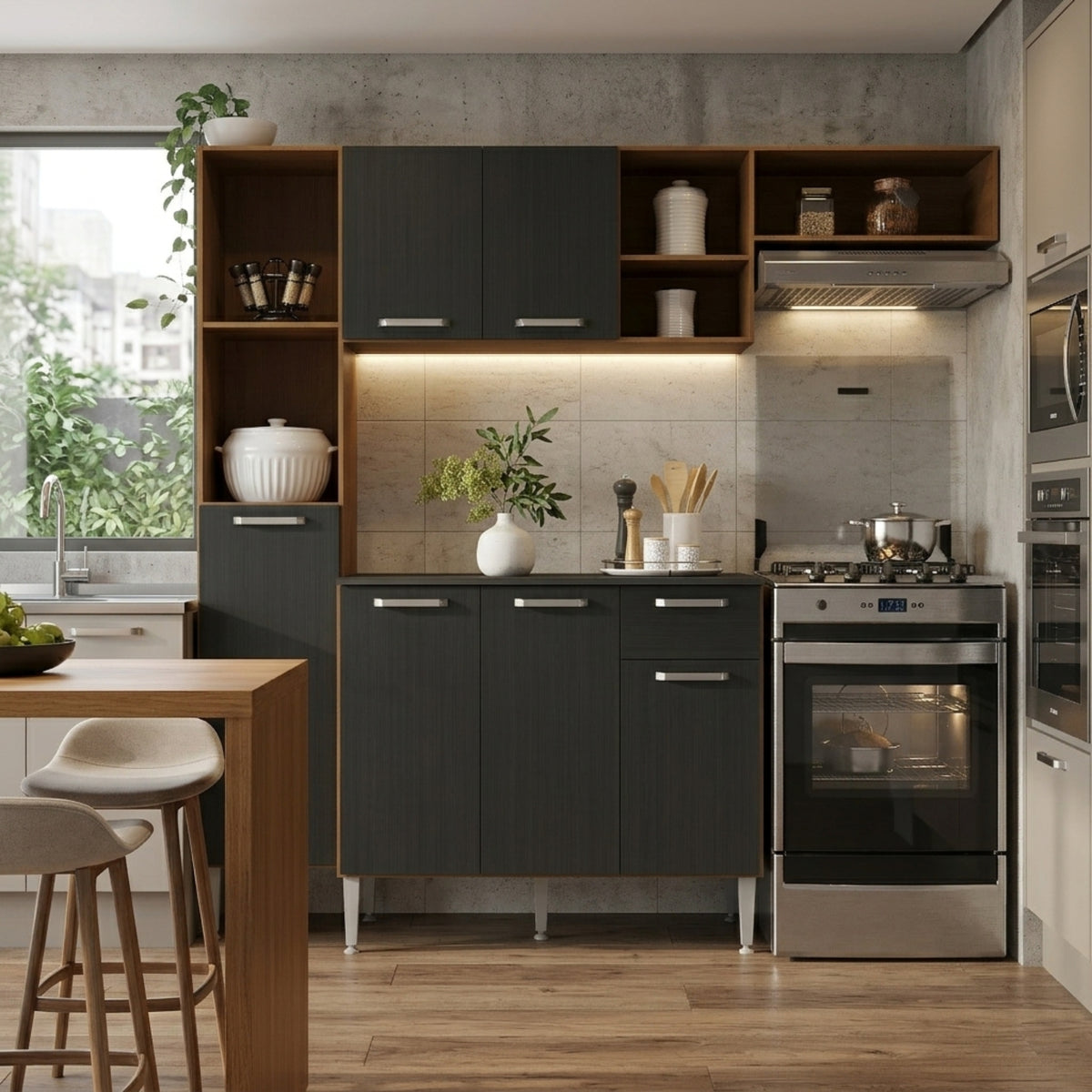 Cocina Compacta Lavinia Castaño y Negro 29x184cm con Mesón de Madera Aglomerada MDP sin Pozuelo y sin Estufa