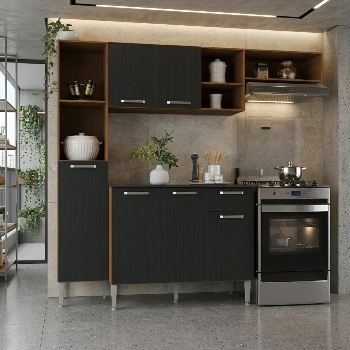 Cocina Compacta Lavinia Castaño y Negro 29x184cm con Mesón de Madera Aglomerada MDP sin Pozuelo y sin Estufa