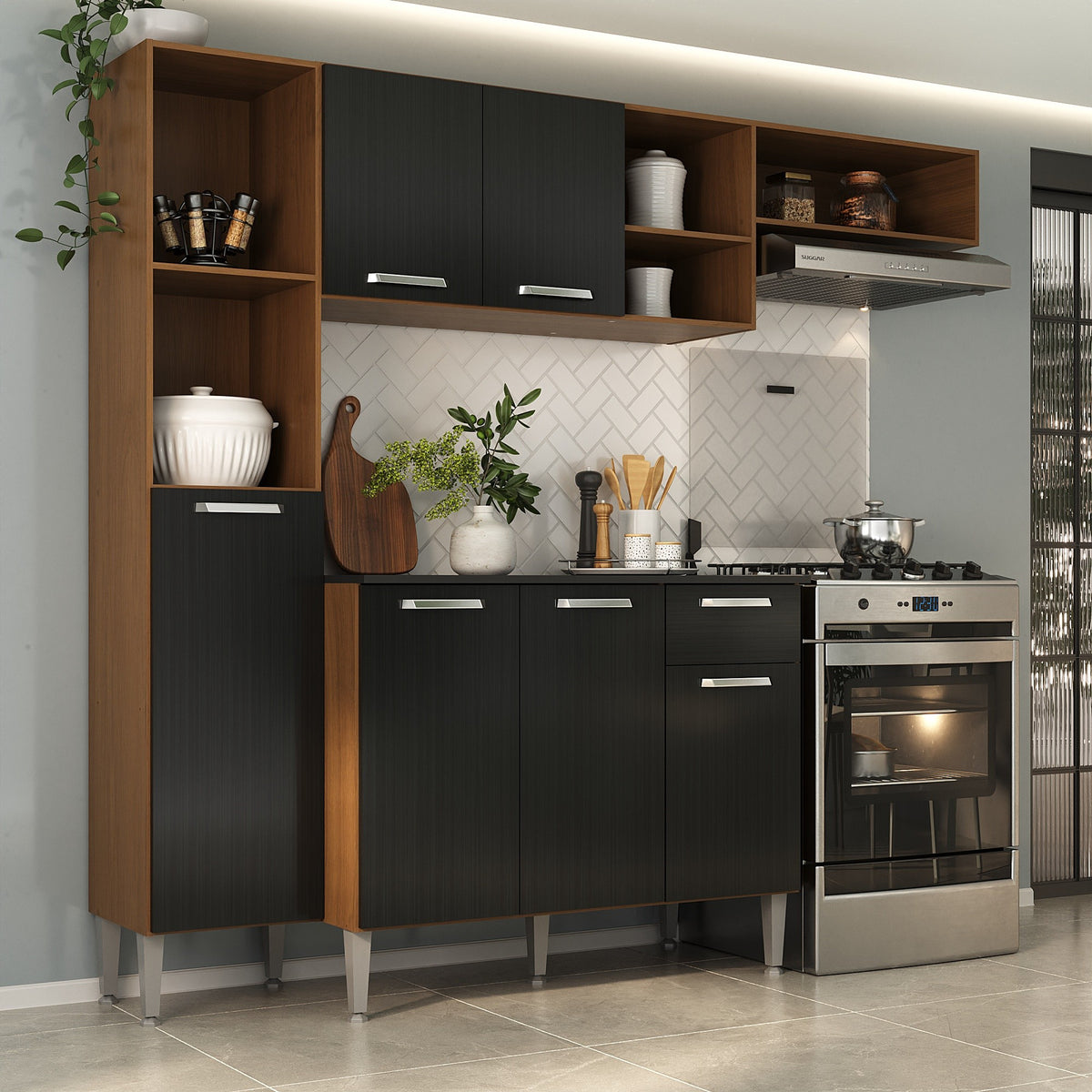 Cocina Compacta Lavinia Castaño y Negro 29x184cm con Mesón de Madera Aglomerada MDP sin Pozuelo y sin Estufa