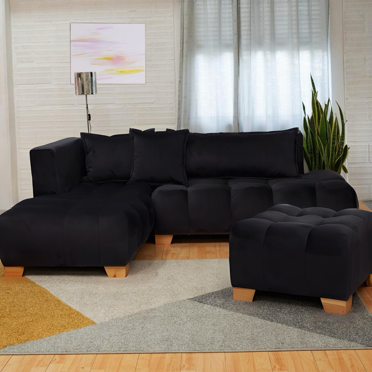 Sala Madrid Negro 162x80cm Modular de Siete Puestos Antifluido sin Apoyabrazos