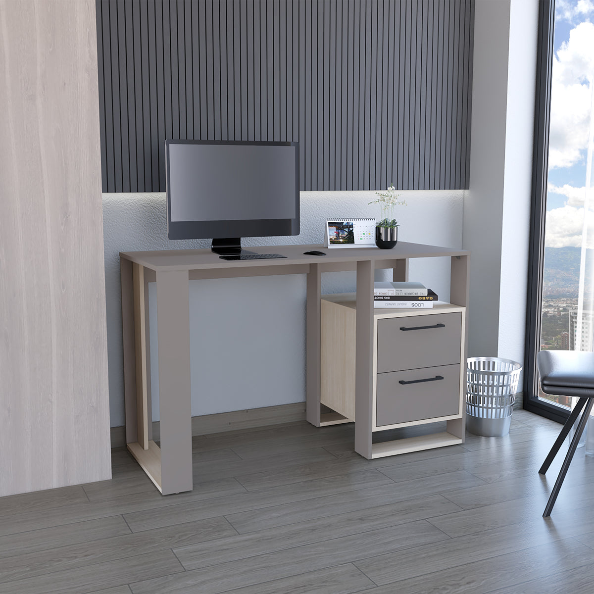 Escritorio Verlot Taupe Mallado 52x75cm con Dos Cajones y con Organizador de Libros