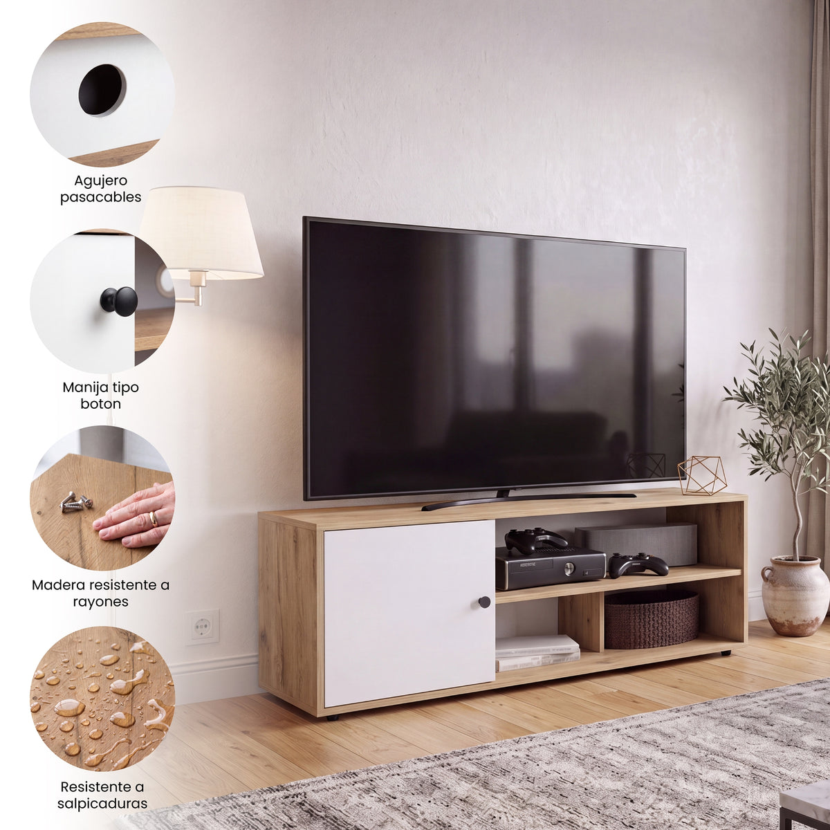 Rack de TV Noah Macadamia 120x44cm Para TV Hasta 50 Pulgadas con Un Cajón