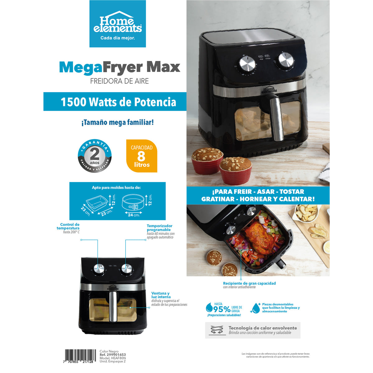 Freidora de Aire Home Elements Megafryer Max Negro y Plata 35.5x34.2cm de 8 Litros