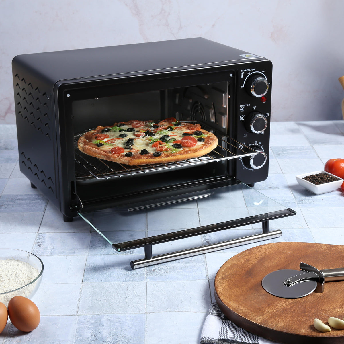 Horno Multifuncional 5 en 1 Home Elements Negro y Plata 40.3x29.9cm con Dos Rejillas y Tecnología Convection Pro