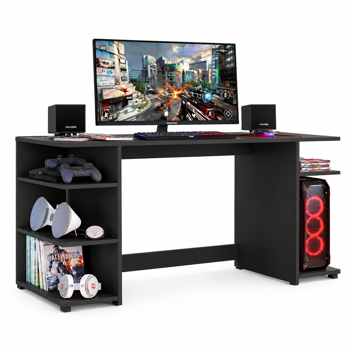 Escritorio gamer negro con repisas laterales en MDP 130x60 cm