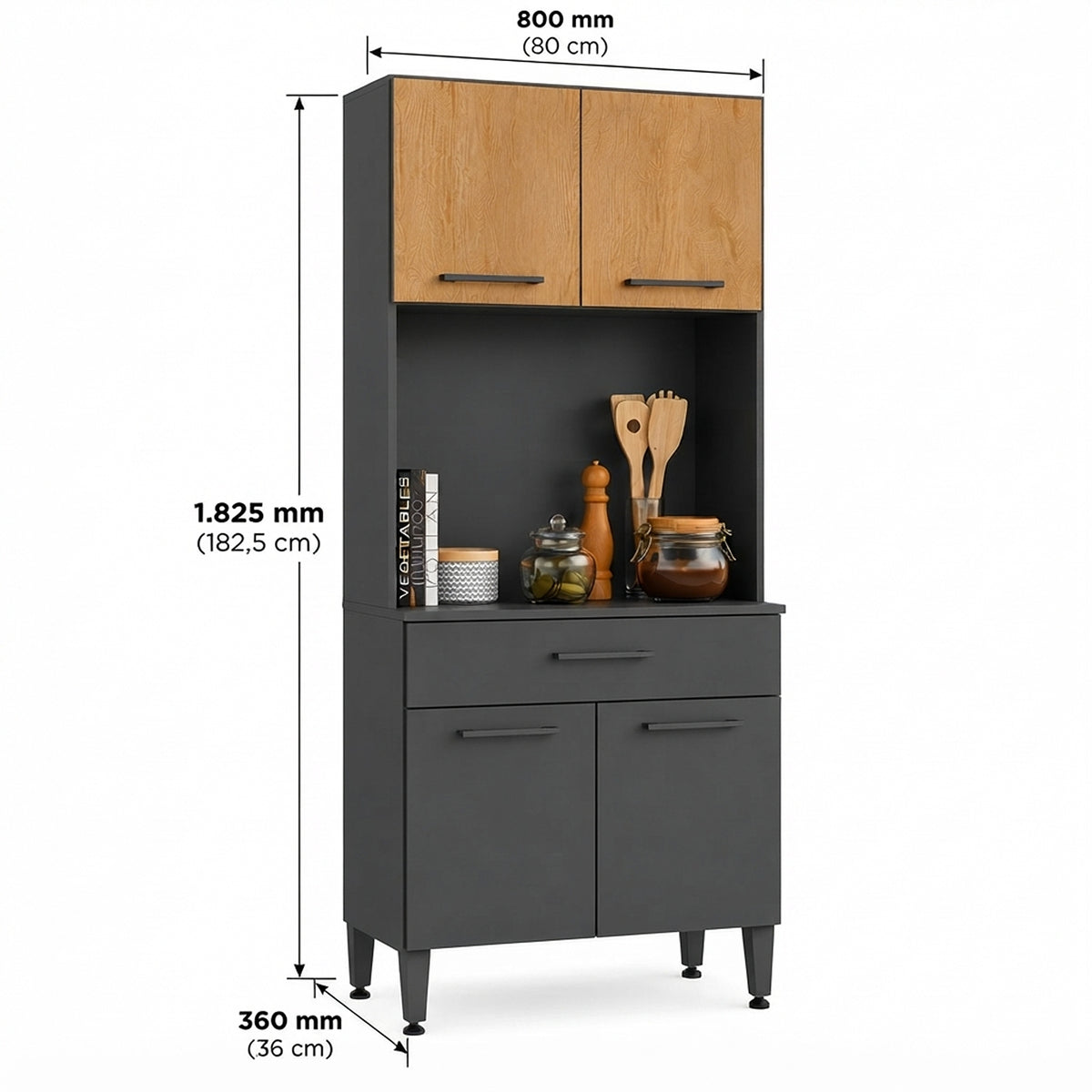 Alacena de cocina negra moderna en MDP 80x182 cm con 4 puertas