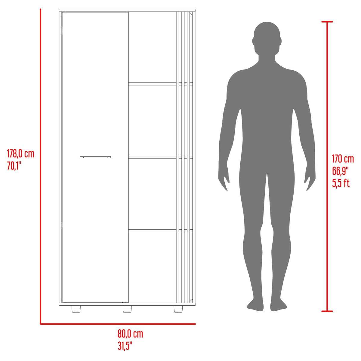 Closet Vance Fresno Europeo y Capri 80x178cm con Una Puertas y con Cuatro Entrepaños
