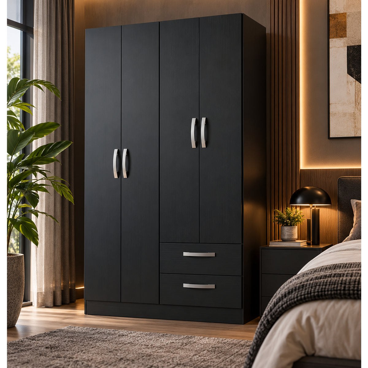 Closet Negro Mate 90x173cm con Cuatro Puertas y con Dos Entrepaños