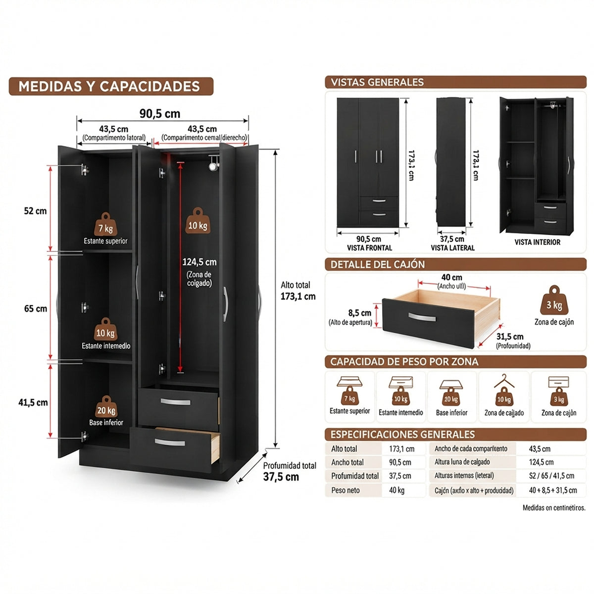 Closet Negro Mate 90x173cm con Cuatro Puertas y con Dos Entrepaños