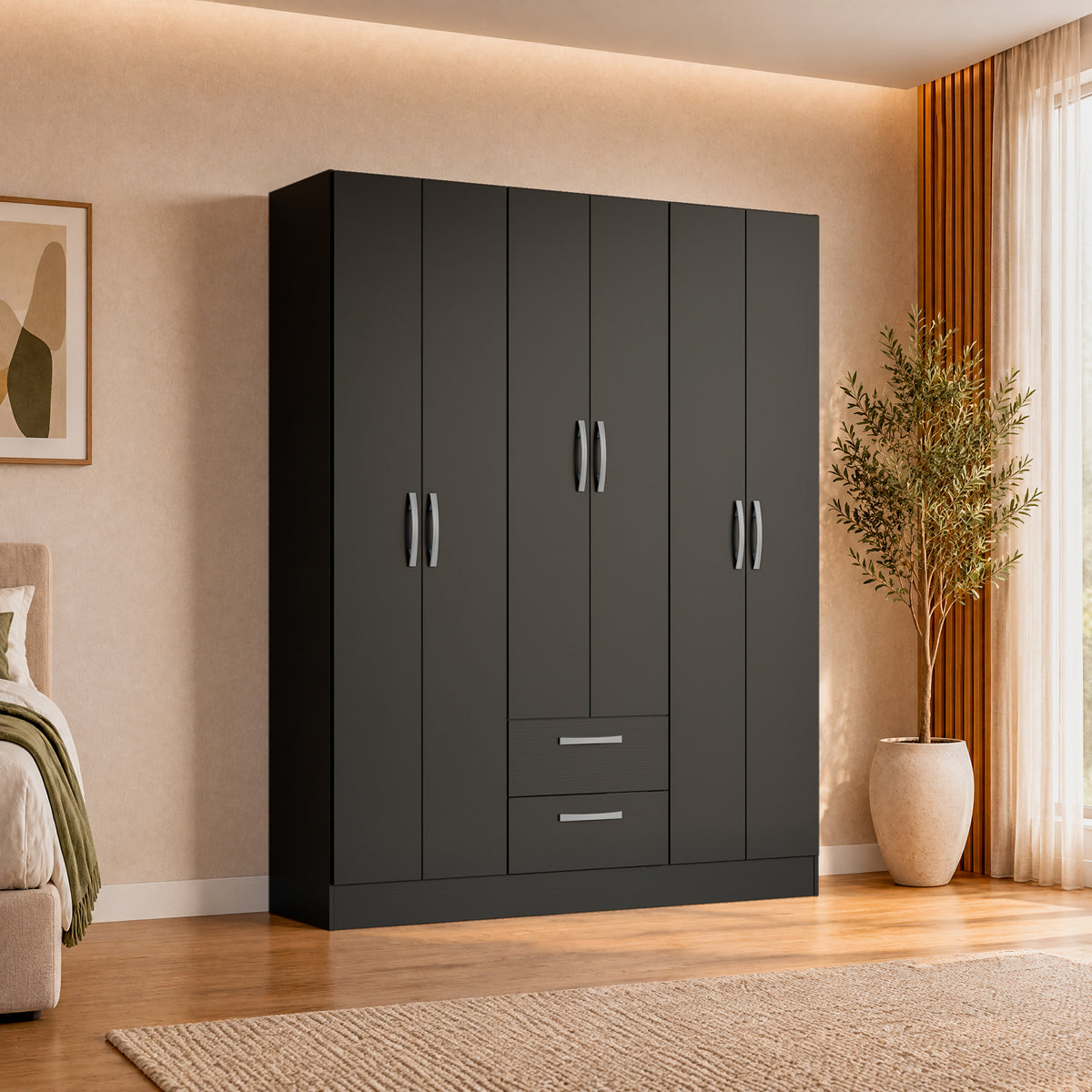 Closet Negro Mate 135x173cm con Seis Puertas y con Tres Entrepaños