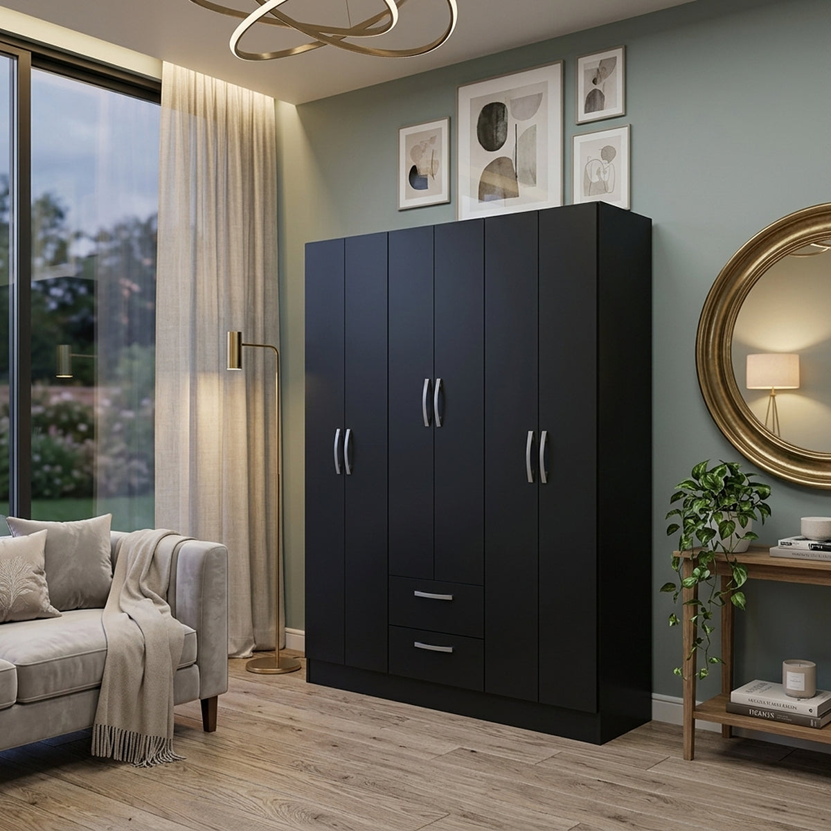 Closet Negro Mate 135x173cm con Seis Puertas y con Tres Entrepaños
