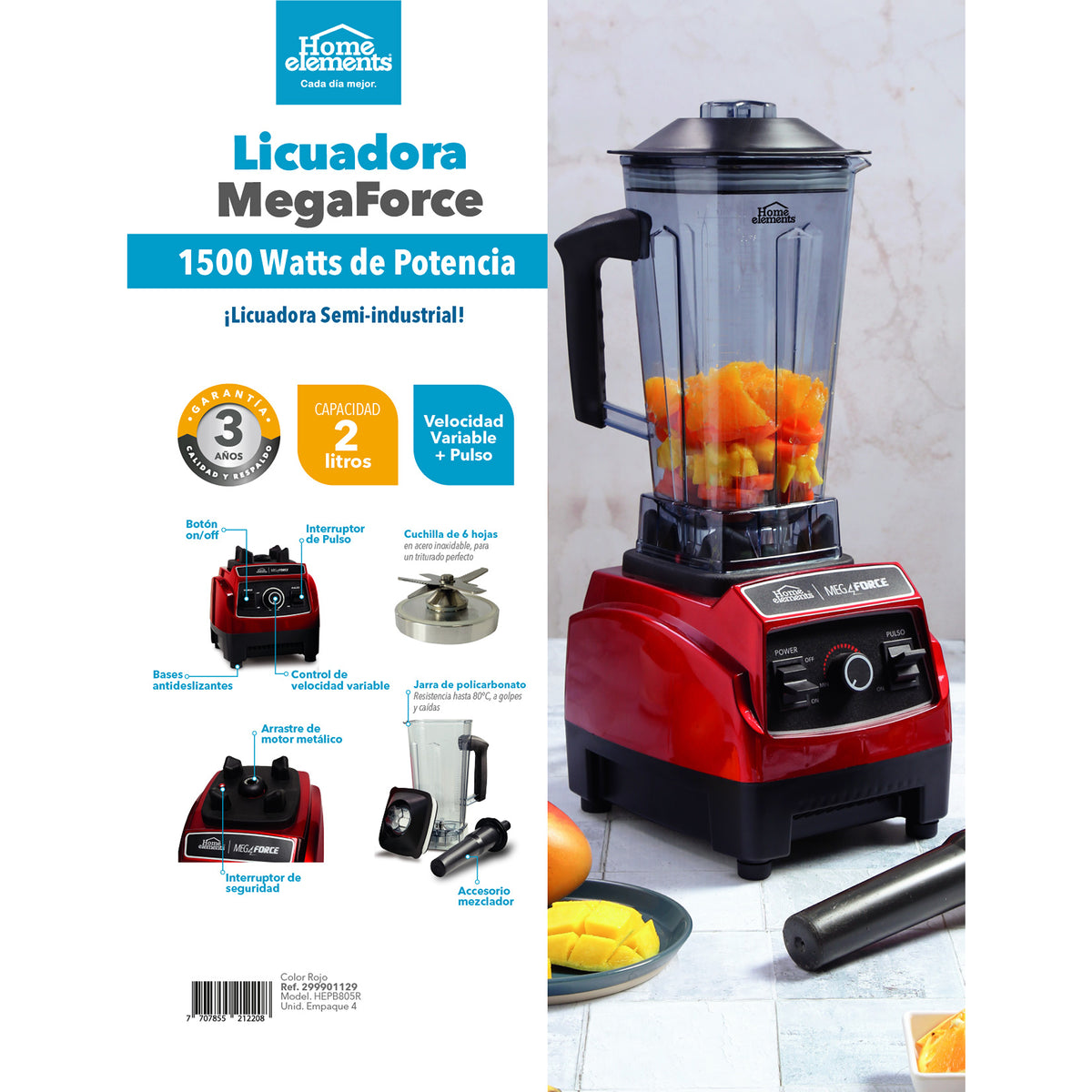 Licuadora Mega Force Rojo Y Negro 20.5x50.5cm de 2 Litros de Cinco Aspas y con Cuatro Velocidades