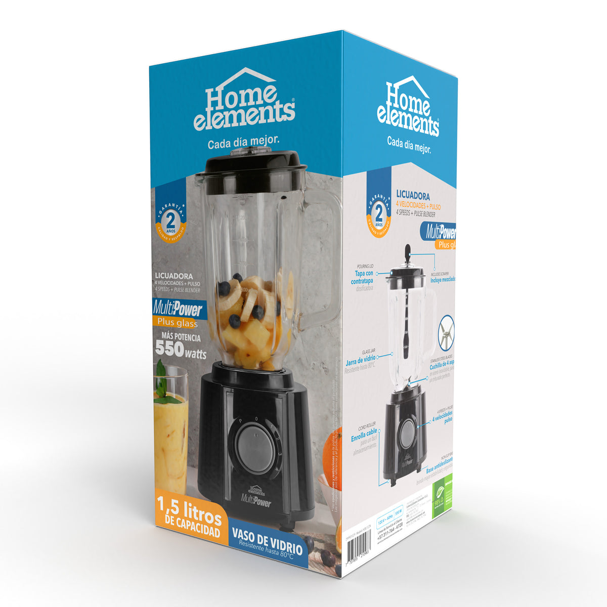 Licuadora Multipower Plus Glass Negro 18.3x37.3cm de 1.5 Litros de Cuatro Aspas y con Cuatro Velocidades