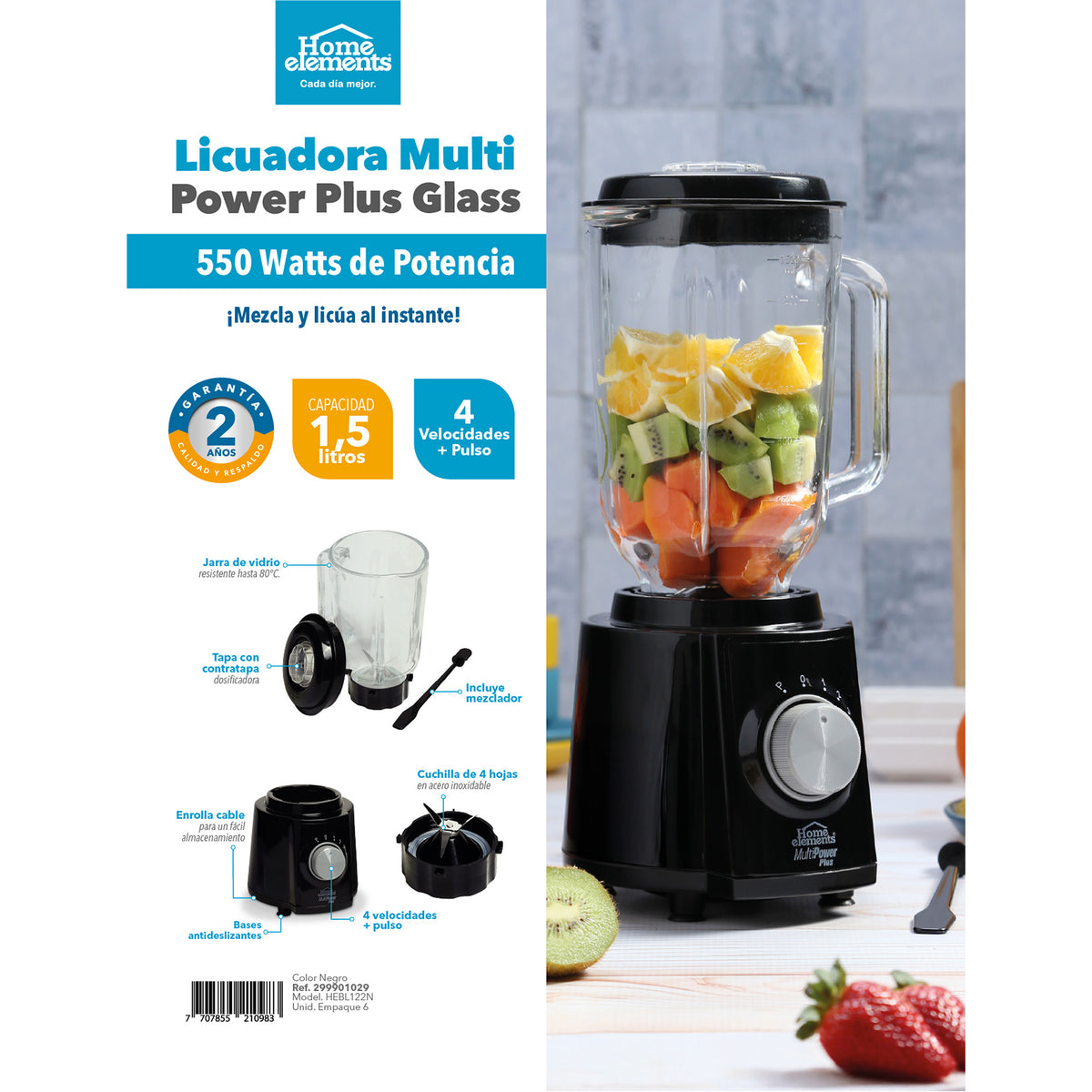 Licuadora Multipower Plus Glass Negro 18.3x37.3cm de 1.5 Litros de Cuatro Aspas y con Cuatro Velocidades