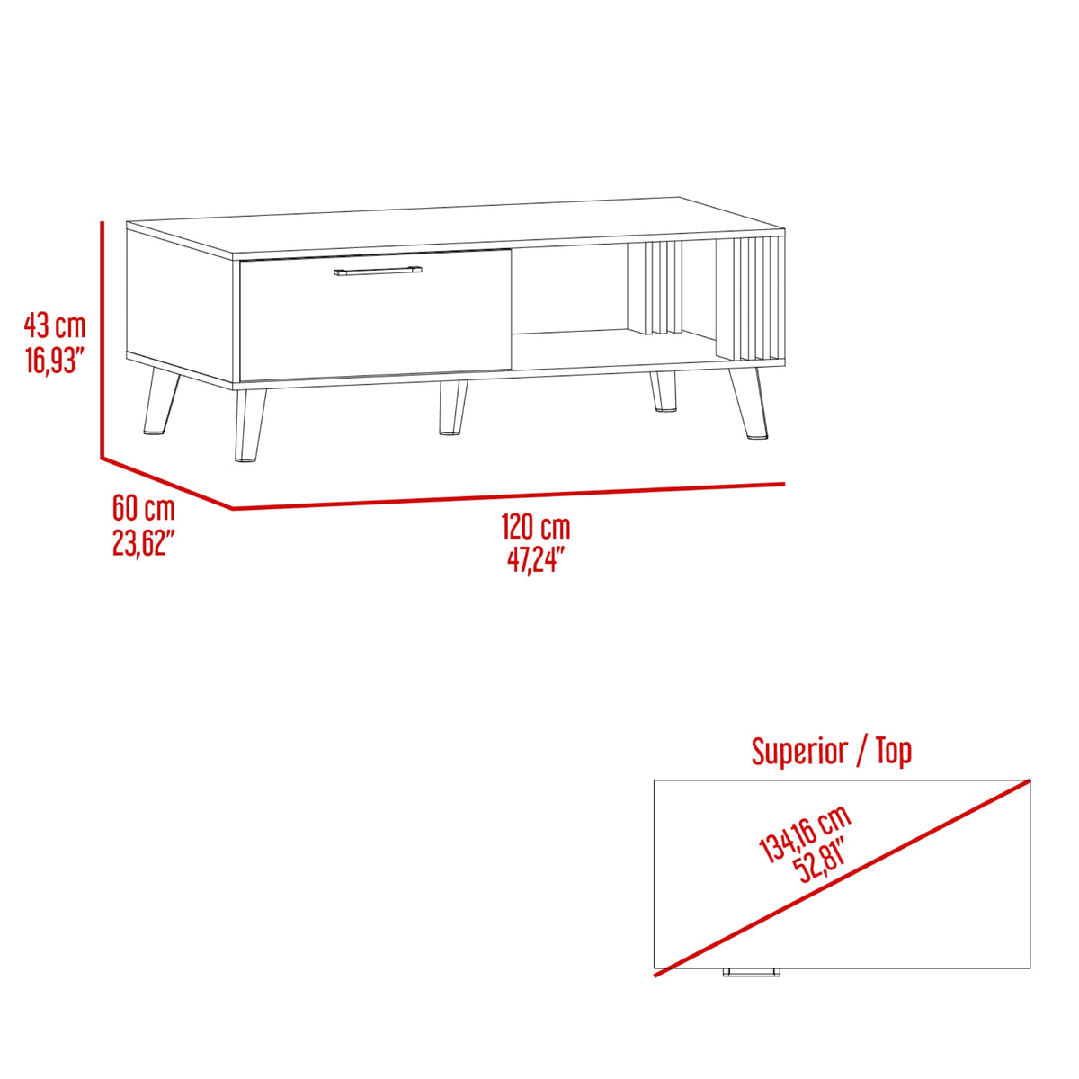 Mesa de centro rectangular fresno europeo y capri en MDP 120x60 cm