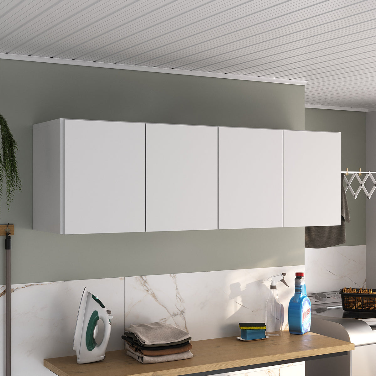 Armario de Aseo Blanco 123x39cm Flotante con Cuatro Puertas