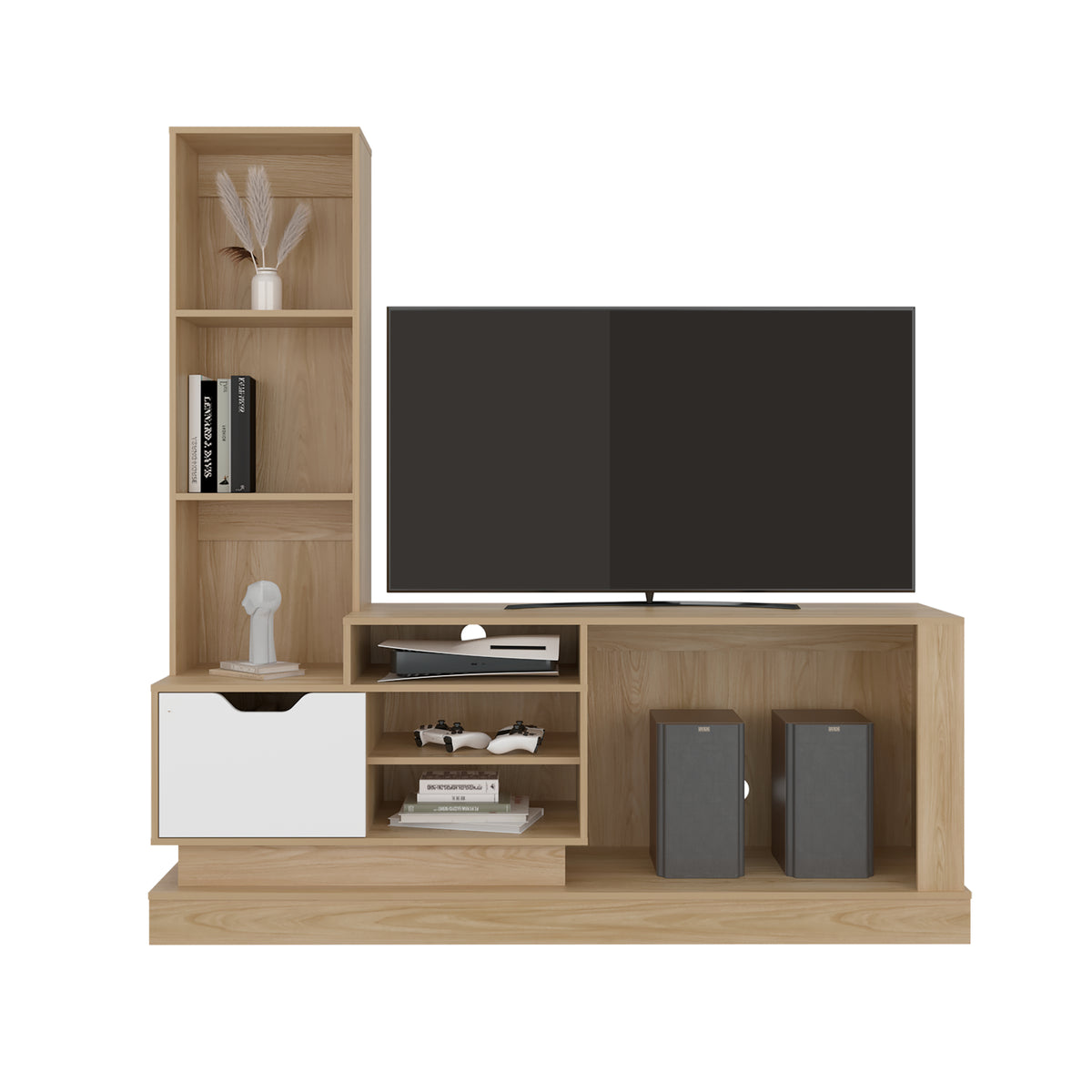 Centro de Entretenimiento Blake Fresno y Blanco 177.7x181.4cm para TV Hasta 55" Pulgadas con Ranura para Cables y con Siete Compartimientos