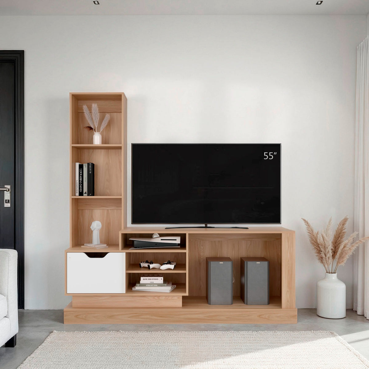 Centro de Entretenimiento Blake Fresno y Blanco 177.7x181.4cm para TV Hasta 55" Pulgadas con Ranura para Cables y con Siete Compartimientos
