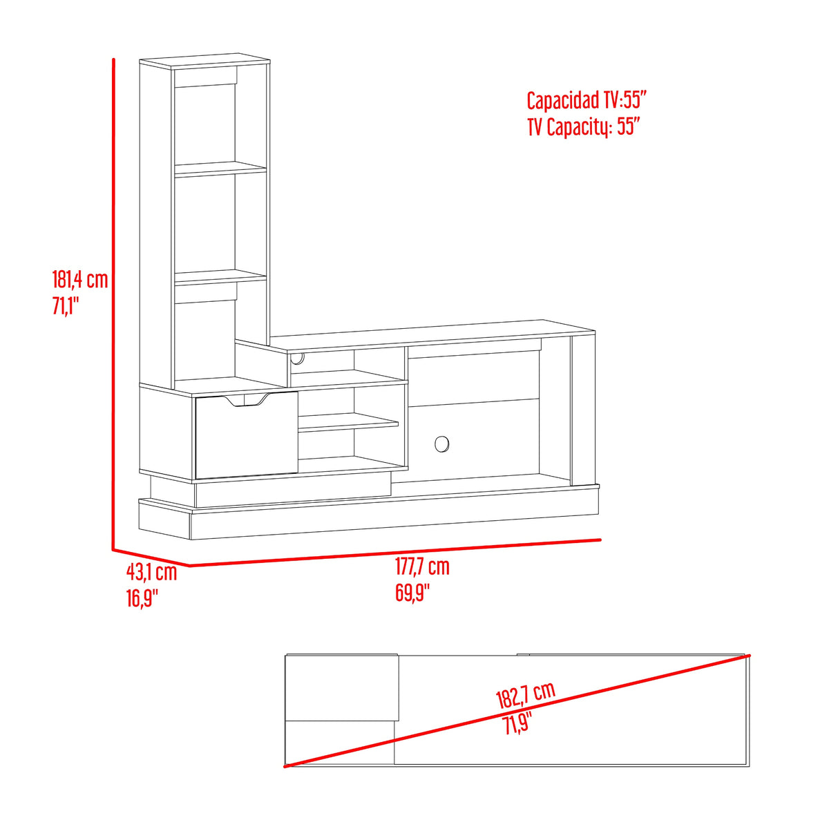 Centro de Entretenimiento Blake Fresno y Blanco 177.7x181.4cm para TV Hasta 55" Pulgadas con Ranura para Cables y con Siete Compartimientos