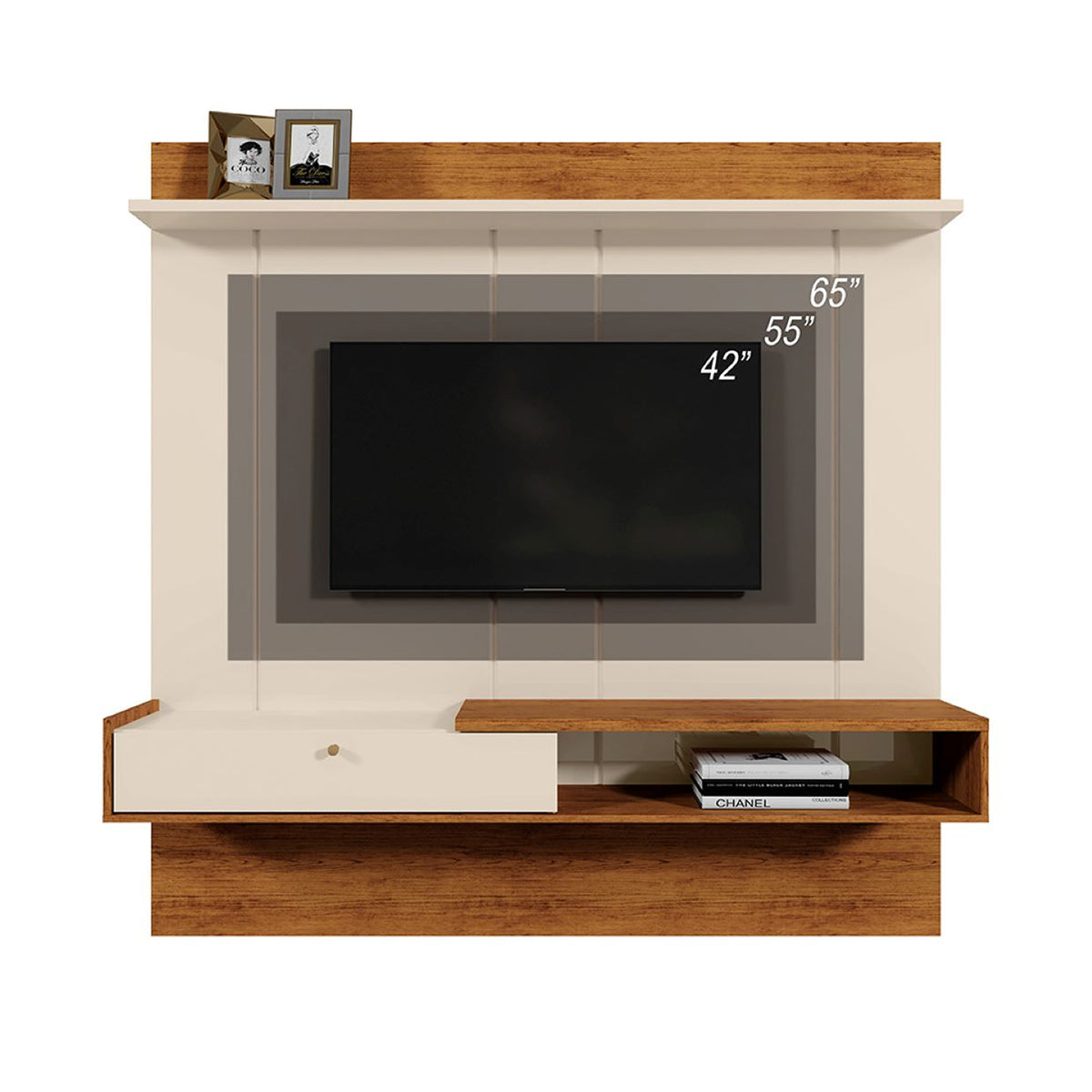 Centro de Entretenimiento Flotante Blanco y Madera 180x181cm para TV Hasta 65" Pulgadas con Ranura para Cables y con Un Compartimiento