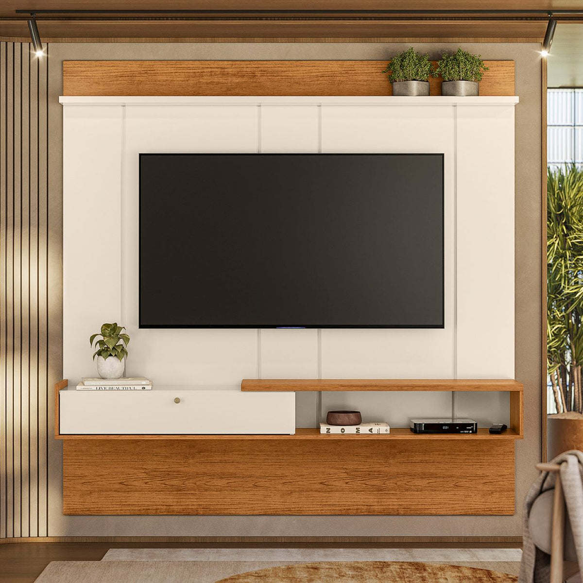 Centro de Entretenimiento Flotante Blanco y Madera 180x181cm para TV Hasta 65" Pulgadas con Ranura para Cables y con Un Compartimiento