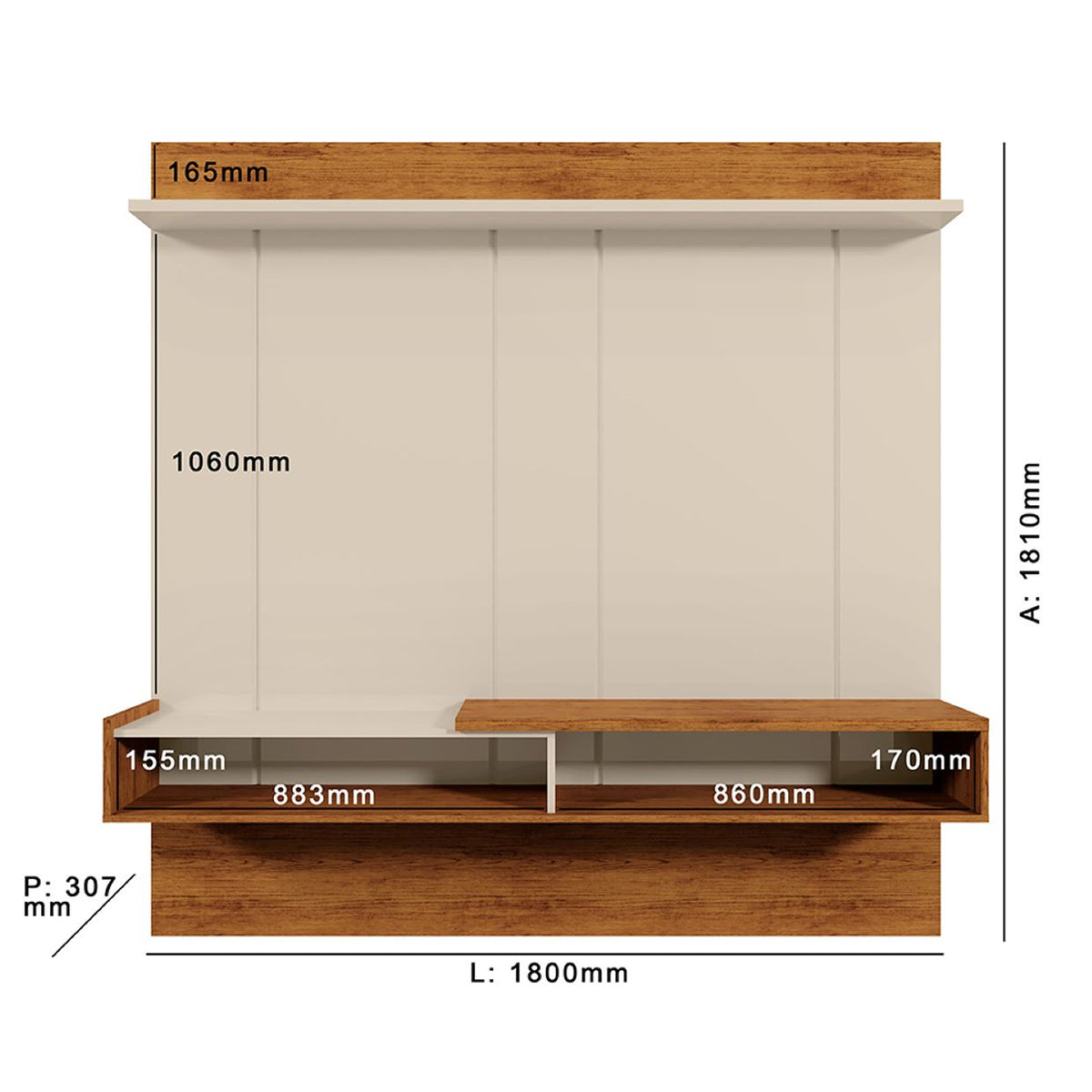 Centro de Entretenimiento Flotante Blanco y Madera 180x181cm para TV Hasta 65" Pulgadas con Ranura para Cables y con Un Compartimiento