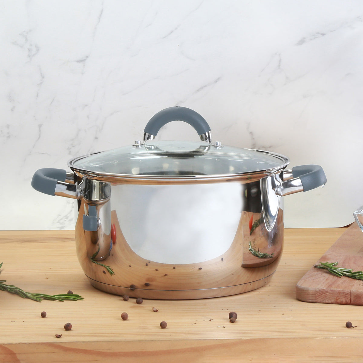 Olla Home Elements plateada en acero inoxidable 7 L con tapa de vidrio antiadherente