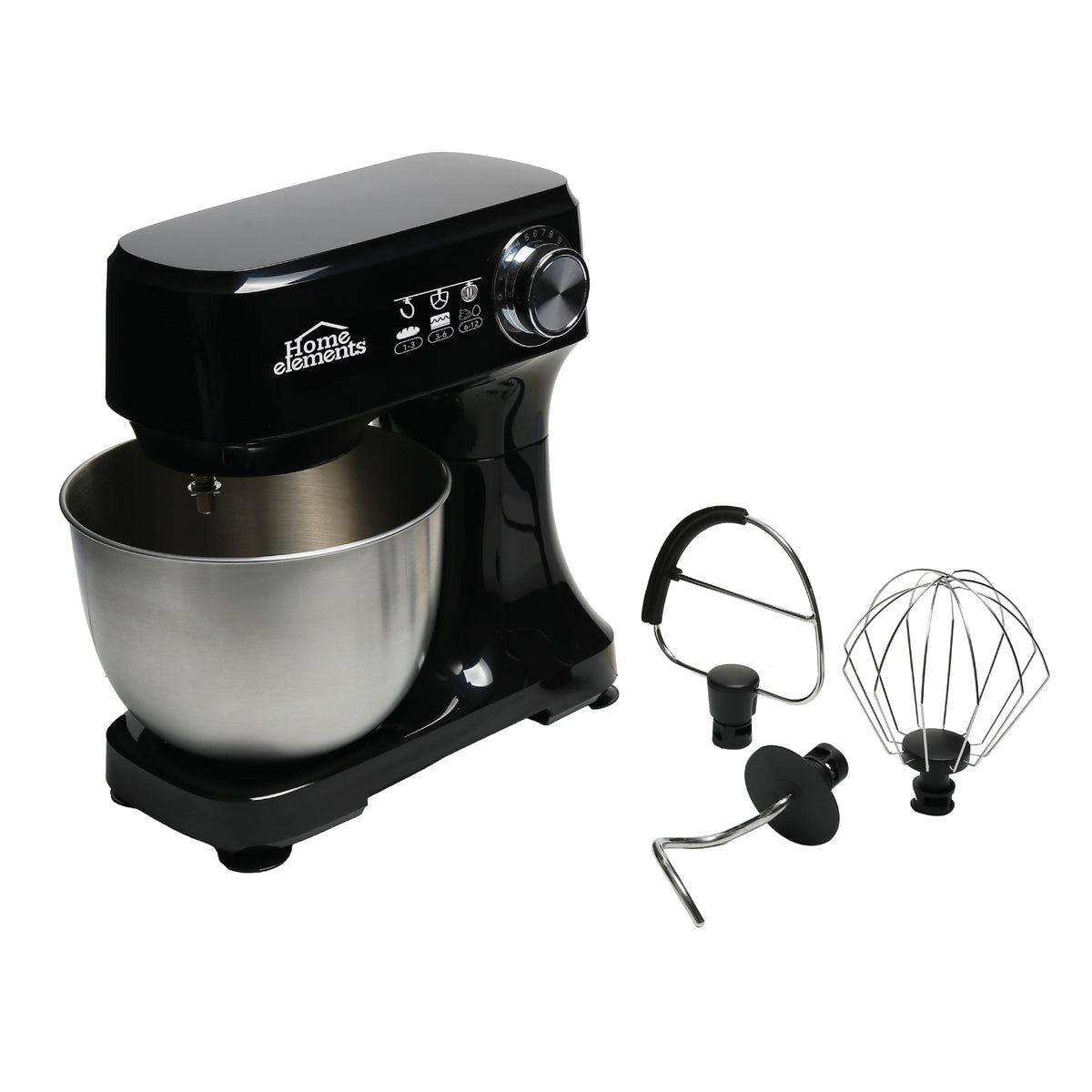 Batidora de pedestal negra Home Elements 3 L 300 W con tazón de acero inoxidable