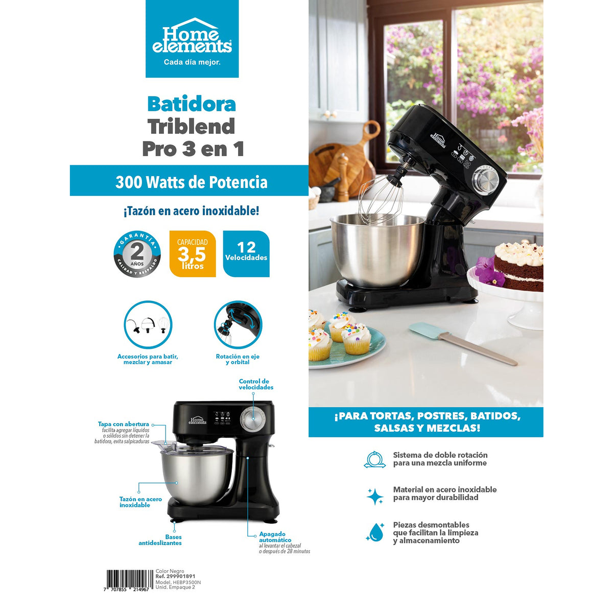 Batidora de pedestal negra Home Elements 3 L 300 W con tazón de acero inoxidable