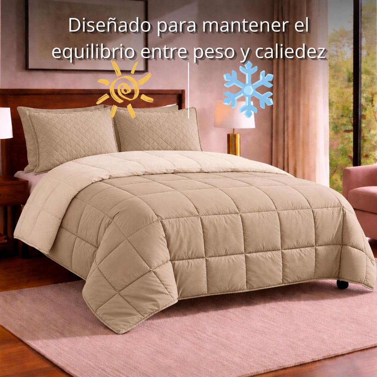 Edredón Semiacolchado Bicolor Beige 220x220cm Doble Faz para Colchón Queen 160 X 190 Cm Fondo Entero sin Relleno