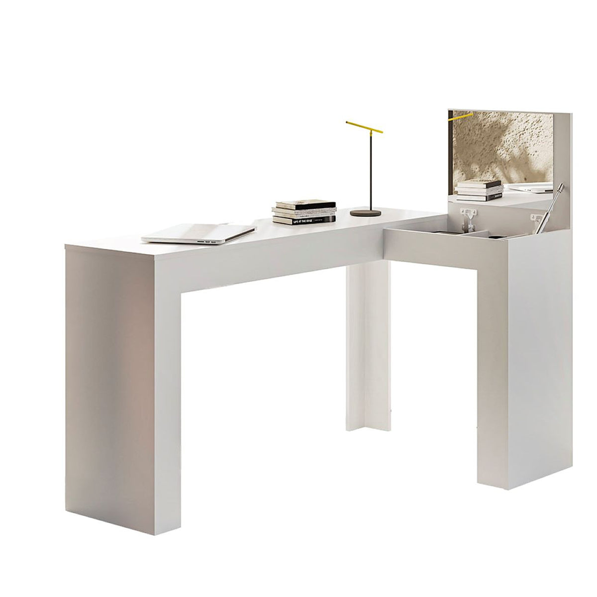 Tocador en L Blanco 135x75cm de Un Puesto con Un Cajón con Espejo y Sin Silla
