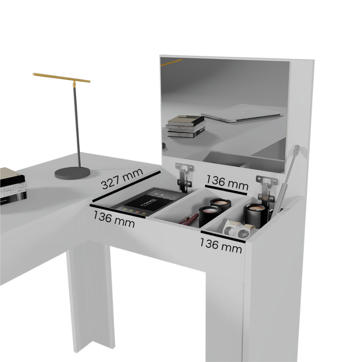 Tocador en L Blanco 135x75cm de Un Puesto con Un Cajón con Espejo y Sin Silla