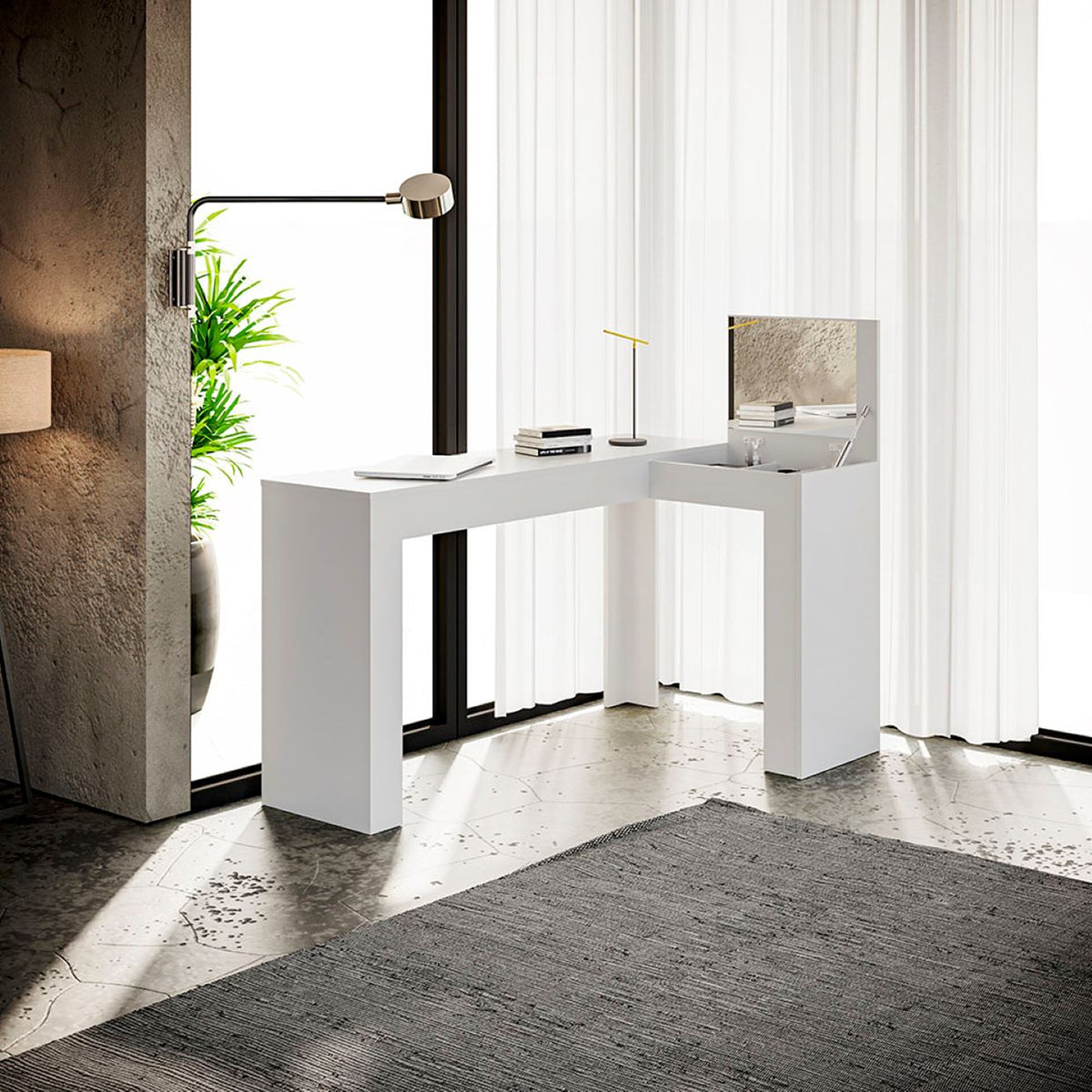 Tocador en L Blanco 135x75cm de Un Puesto con Un Cajón con Espejo y Sin Silla