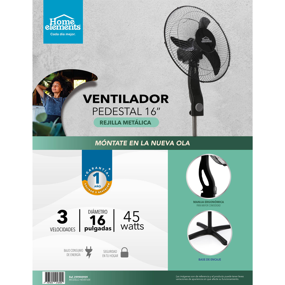 Ventilador de pedestal negro 16 pulgadas 45 W con oscilación