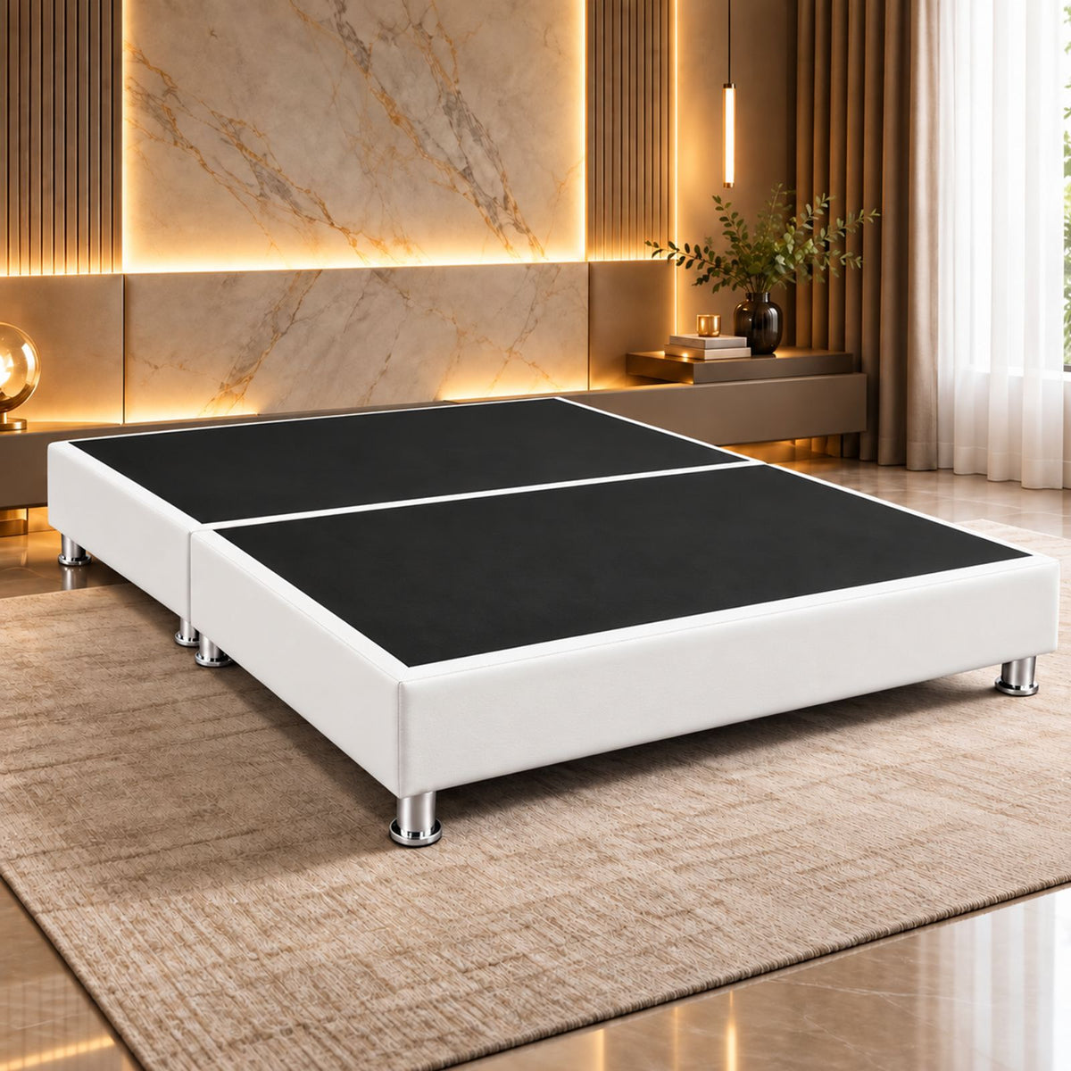 Base Cama Dividida Sommier Ecocuero Blanco 120x190cm para Colchón Semidoble sin Cabecero y con Patas