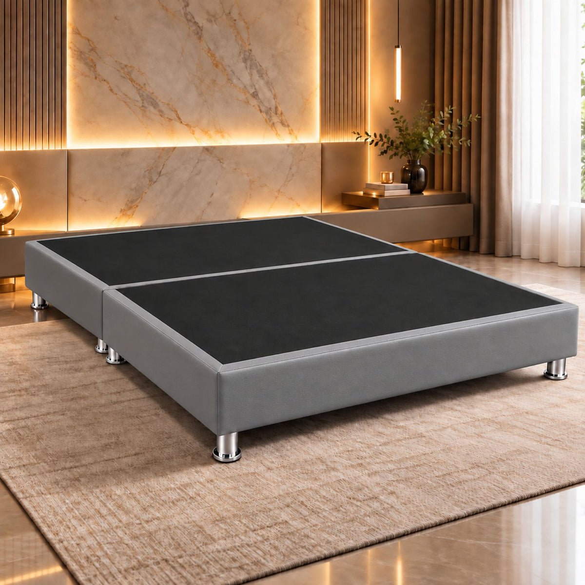 Base Cama Dividida Sommier Ecocuero Gris 160x190cm para Colchón Queen sin Cabecero y con Patas