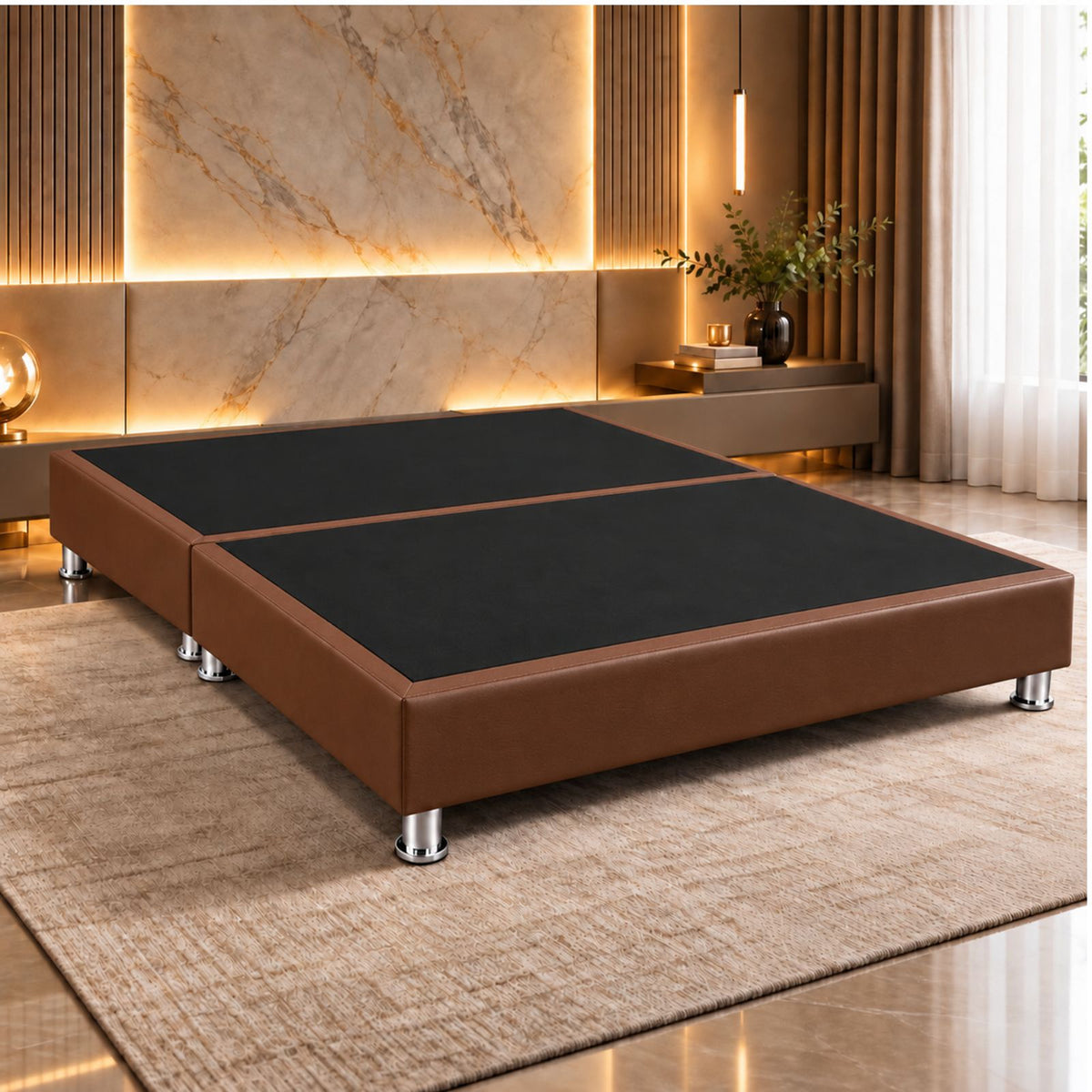 Base Cama Dividida Sommier Ecocuero Café 200x200cm para Colchón King sin Cabecero y con Patas