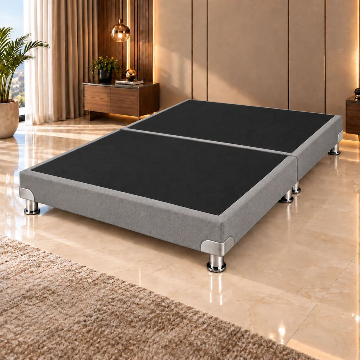 Base Cama Dividida Bostón Ecocuero Gris 200x200cm para Colchón King sin Cabecero y con Patas