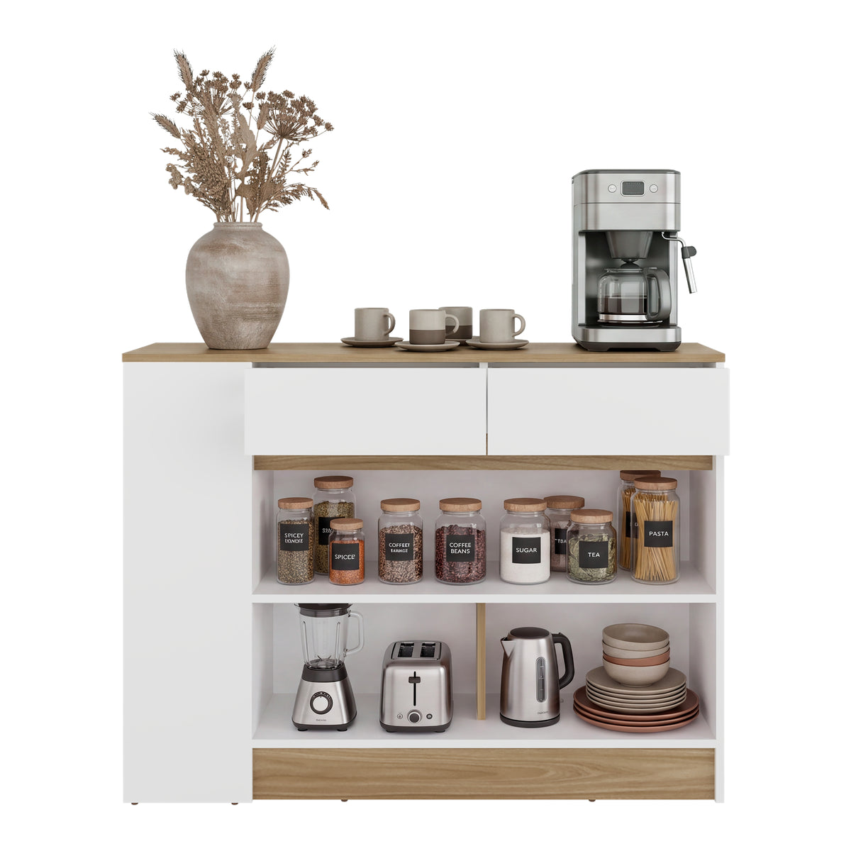 Barra de Cocina Lynton Fresno y Blanco 110x82.6cm con Tres Compartimientos