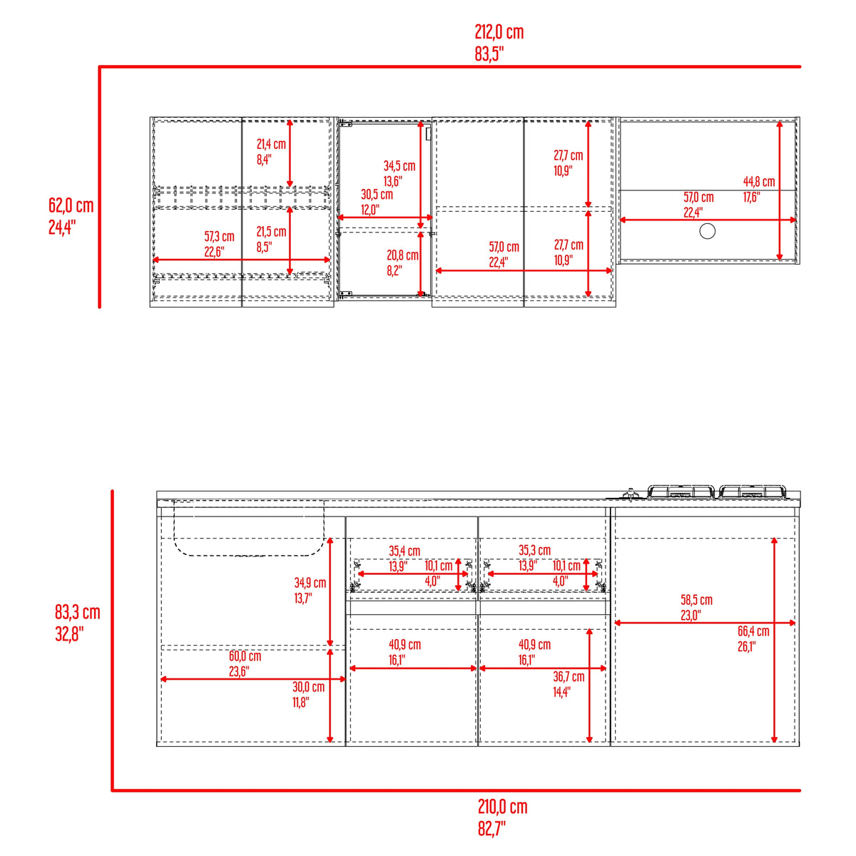 Cocina Amantia Fresno Europeo 212x208cm para Mesón Lado Izquierdo sin Mesón y sin Estufa con Ocho Puertas y con Espacio para Extractor